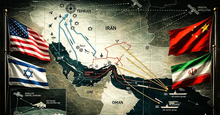 মধ্যপ্রাচ্যের মানচিত্র, যুক্তরাষ্ট্র-ইসরাইল ও ইরান- চীনের পতাকা